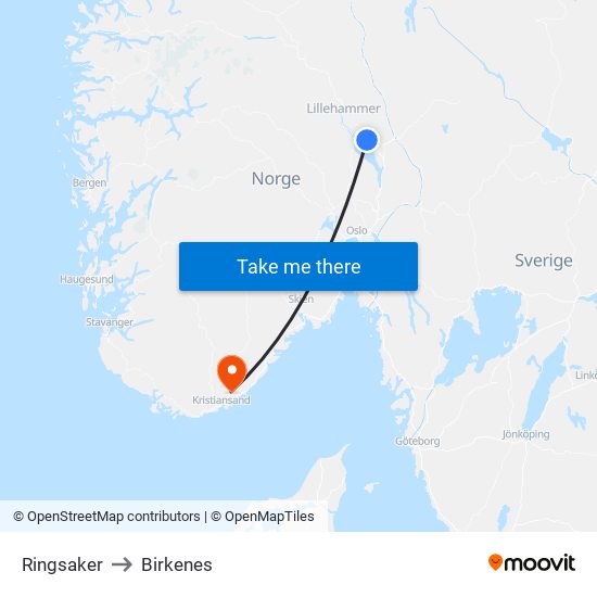 Ringsaker to Birkenes map