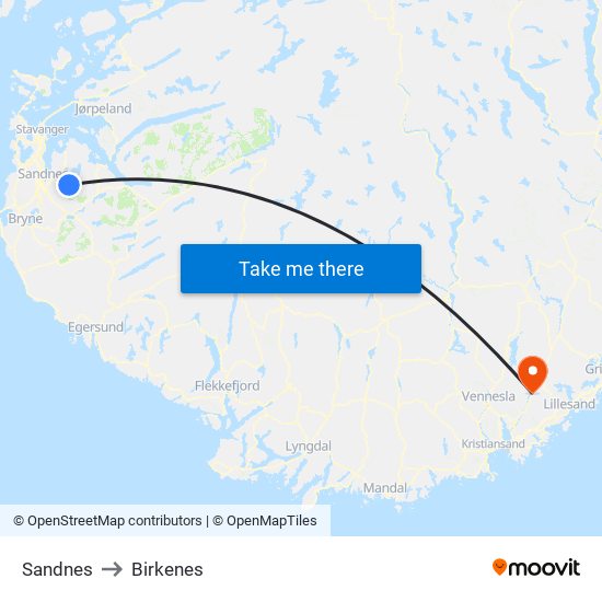 Sandnes to Birkenes map