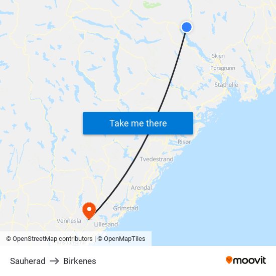 Sauherad to Birkenes map