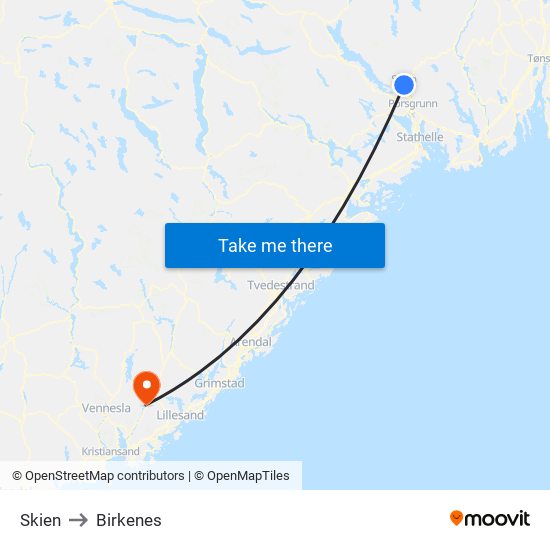 Skien to Birkenes map