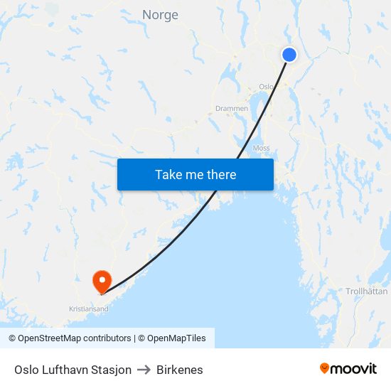 Oslo Lufthavn Stasjon to Birkenes map