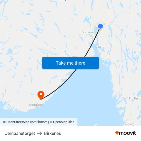 Jernbanetorget to Birkenes map