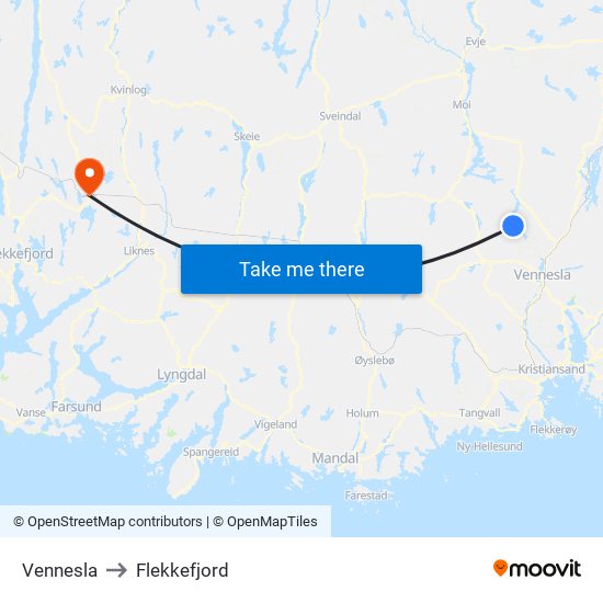 Vennesla to Flekkefjord map