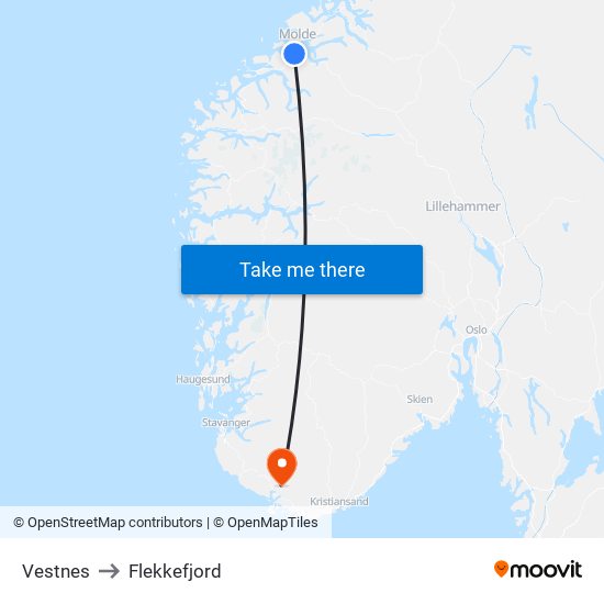 Vestnes to Flekkefjord map