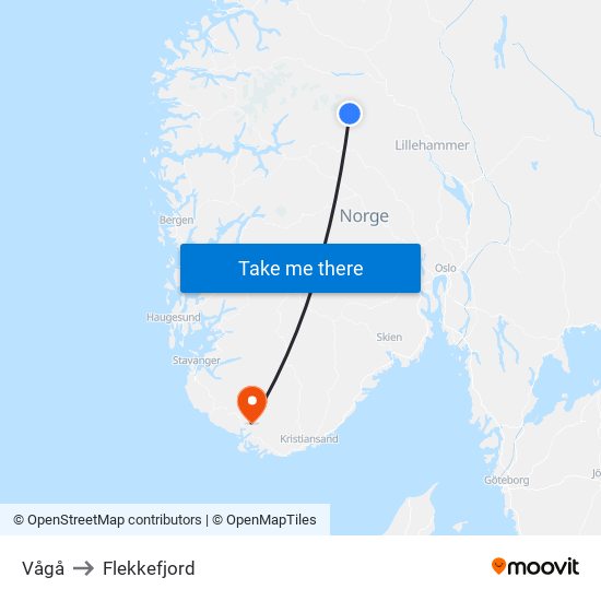 Vågå to Flekkefjord map