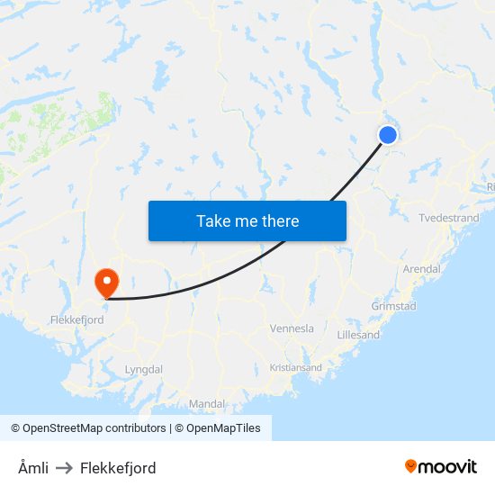 Åmli to Flekkefjord map