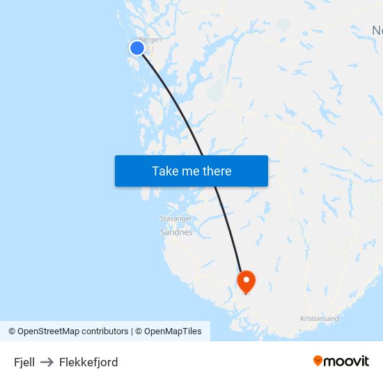 Fjell to Flekkefjord map