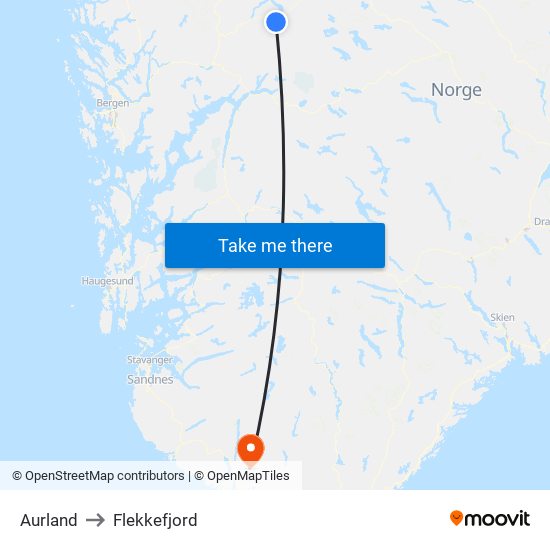 Aurland to Flekkefjord map