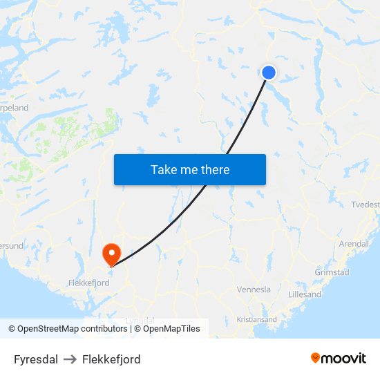 Fyresdal to Flekkefjord map