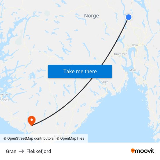Gran to Flekkefjord map