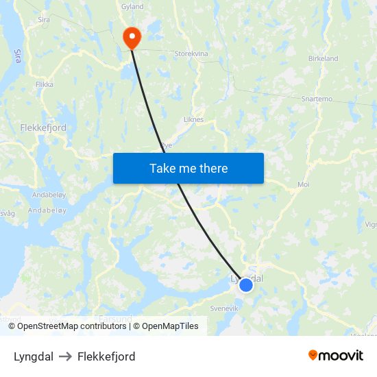 Lyngdal to Flekkefjord map