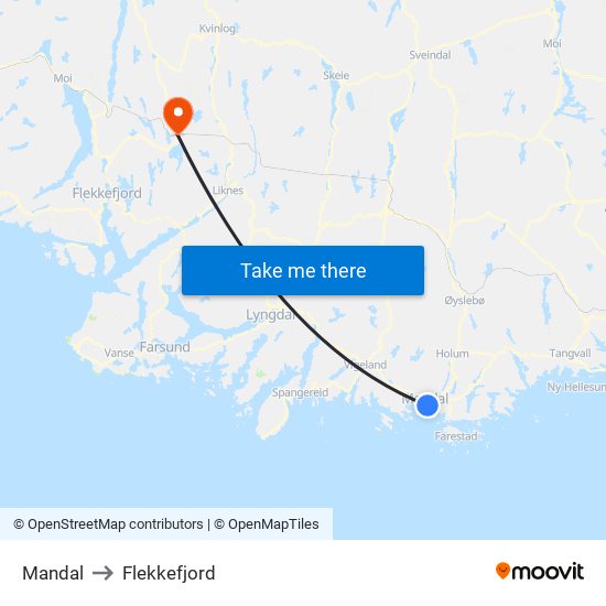 Mandal to Flekkefjord map