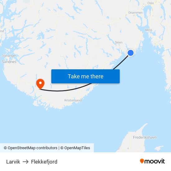 Larvik to Flekkefjord map