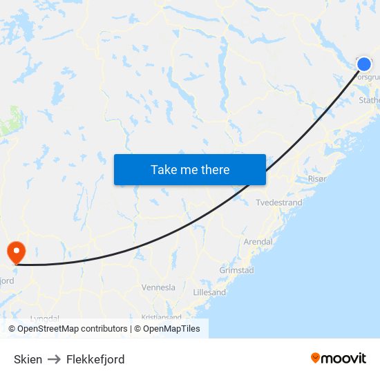 Skien to Flekkefjord map