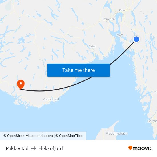 Rakkestad to Flekkefjord map