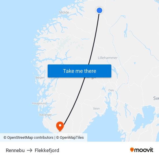 Rennebu to Flekkefjord map