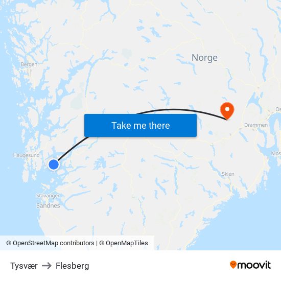 Tysvær to Flesberg map