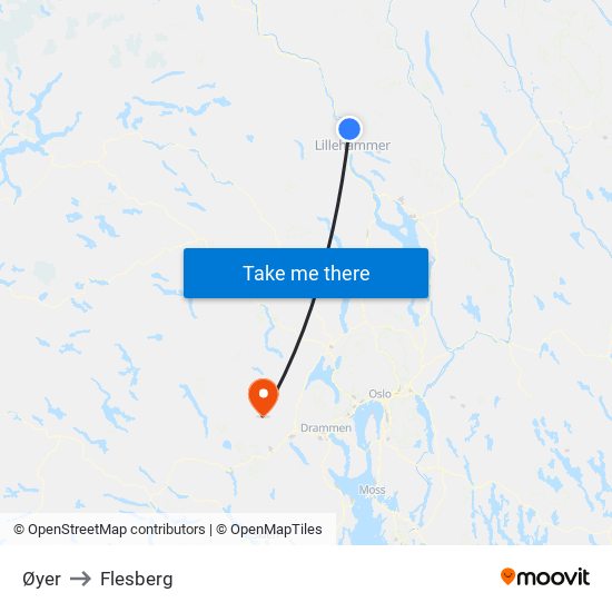 Øyer to Flesberg map