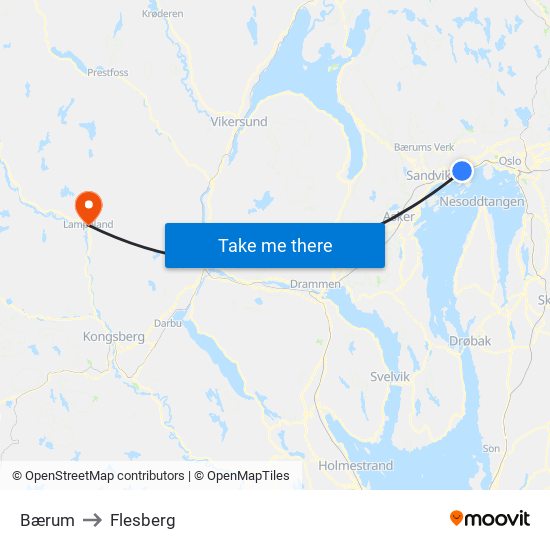 Bærum to Flesberg map