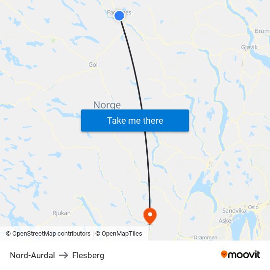 Nord-Aurdal to Flesberg map