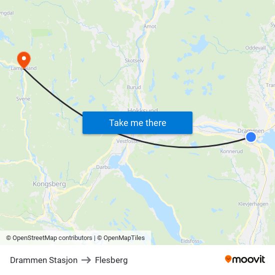 Drammen Stasjon to Flesberg map