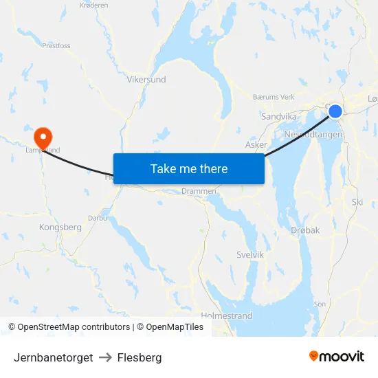 Jernbanetorget to Flesberg map