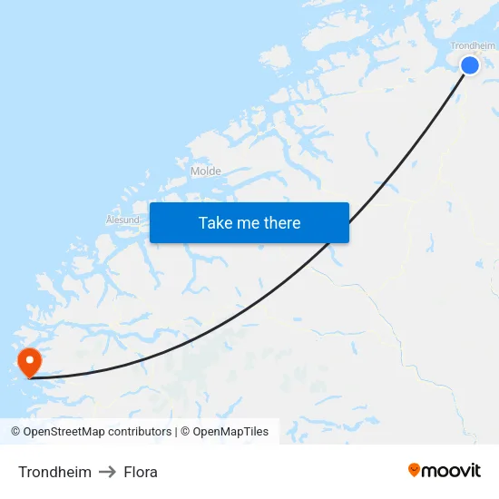 Trondheim to Flora map