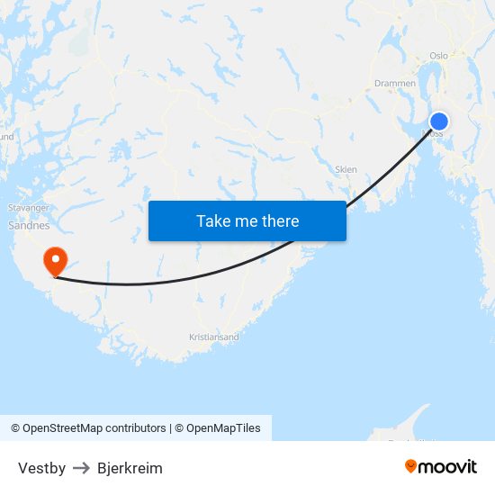 Vestby to Bjerkreim map