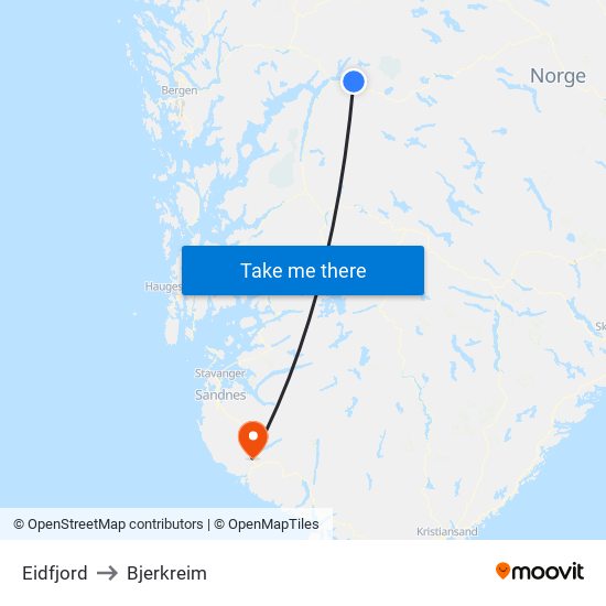 Eidfjord to Bjerkreim map