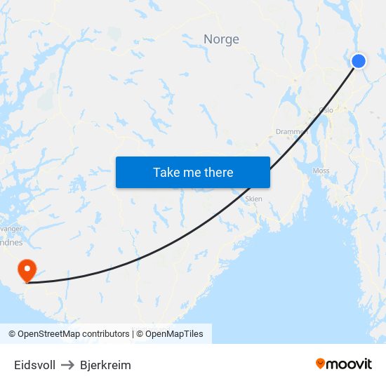 Eidsvoll to Bjerkreim map