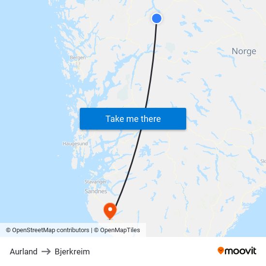 Aurland to Bjerkreim map