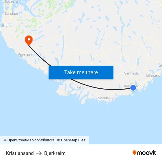 Kristiansand to Bjerkreim map