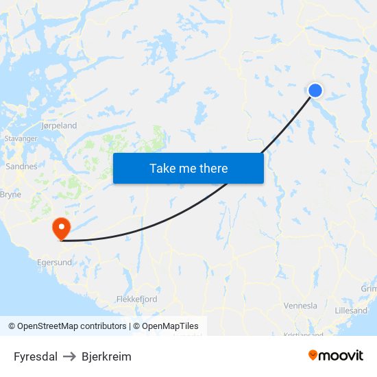 Fyresdal to Bjerkreim map