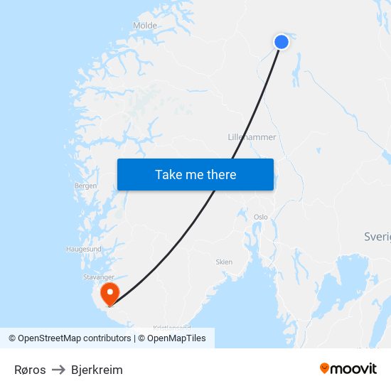 Røros to Bjerkreim map