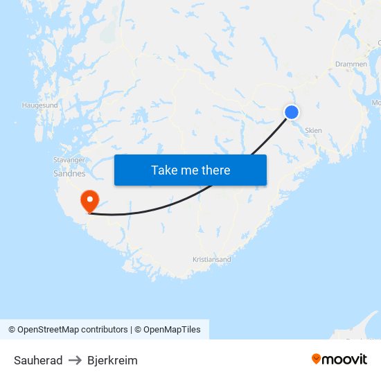 Sauherad to Bjerkreim map