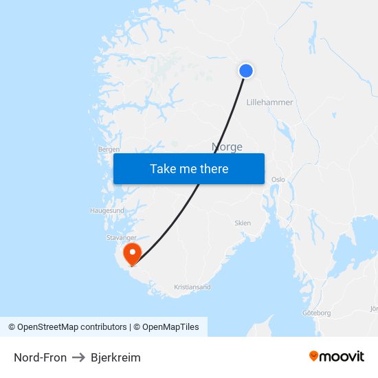 Nord-Fron to Bjerkreim map