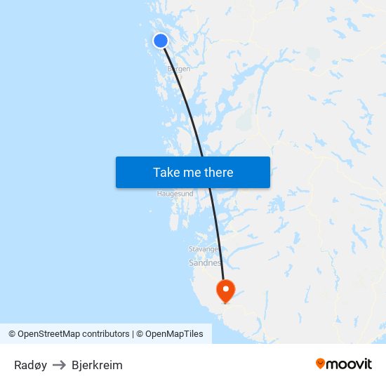 Radøy to Bjerkreim map