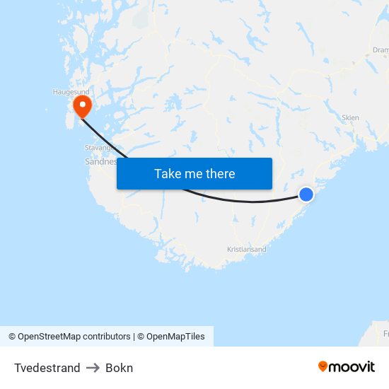 Tvedestrand to Bokn map