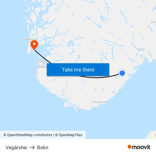 Vegårshei to Bokn map