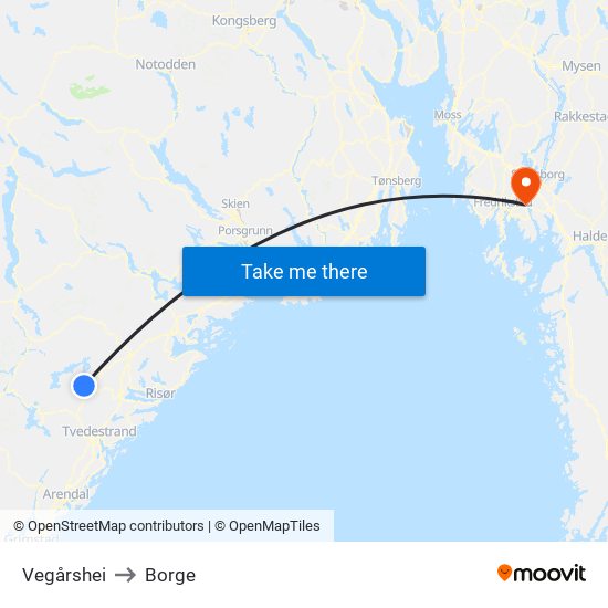 Vegårshei to Borge map