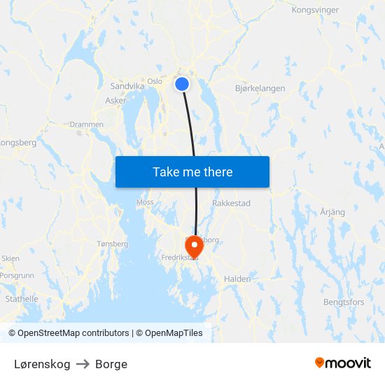 Lørenskog to Borge map