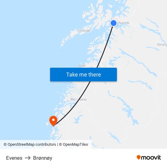 Evenes to Brønnøy map