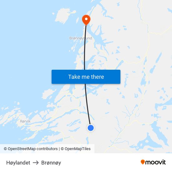 Høylandet to Brønnøy map