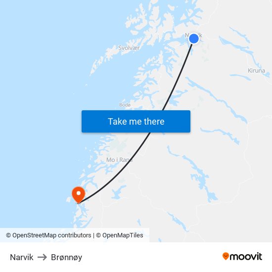 Narvik to Brønnøy map