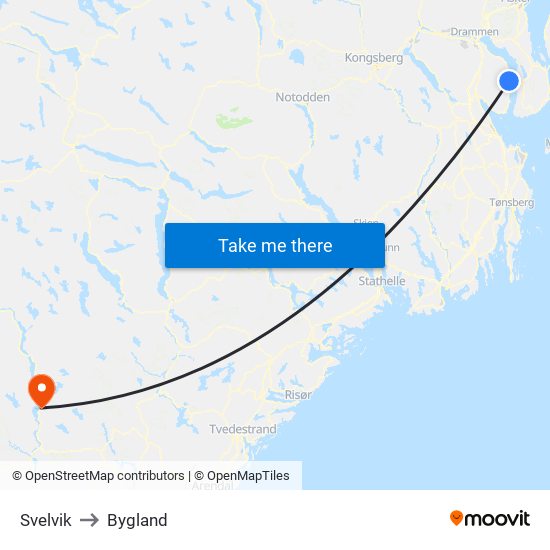 Svelvik to Bygland map