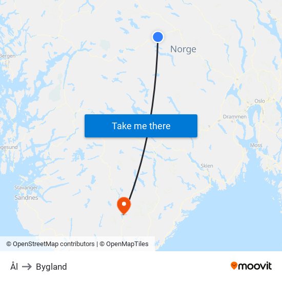 Ål to Bygland map