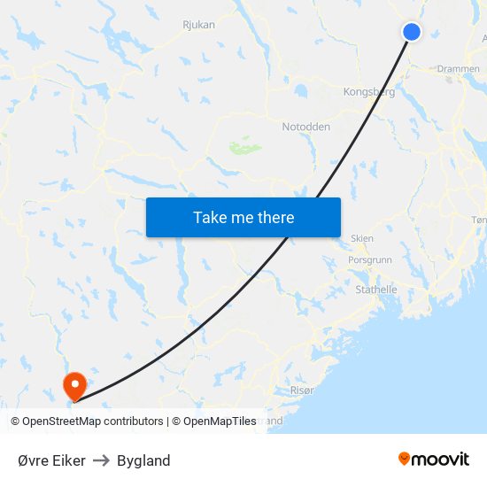 Øvre Eiker to Bygland map