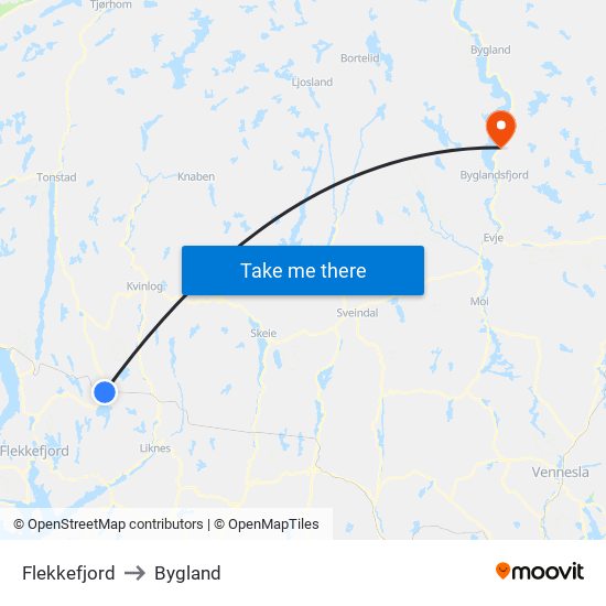Flekkefjord to Bygland map
