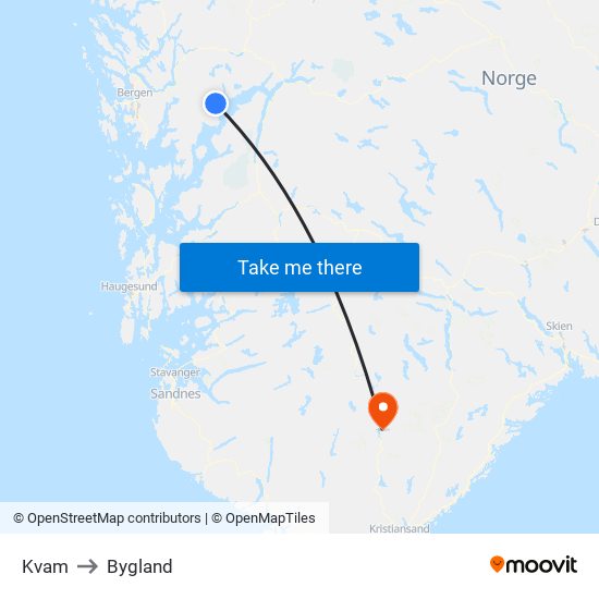 Kvam to Bygland map