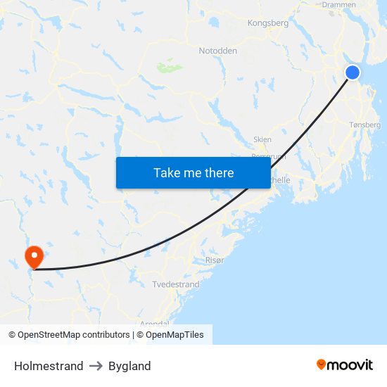 Holmestrand to Bygland map